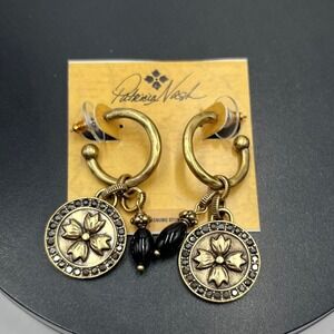 Patricia Nash Signature Metal Etched Rose Dangle C Hoop Crystal Earrings New